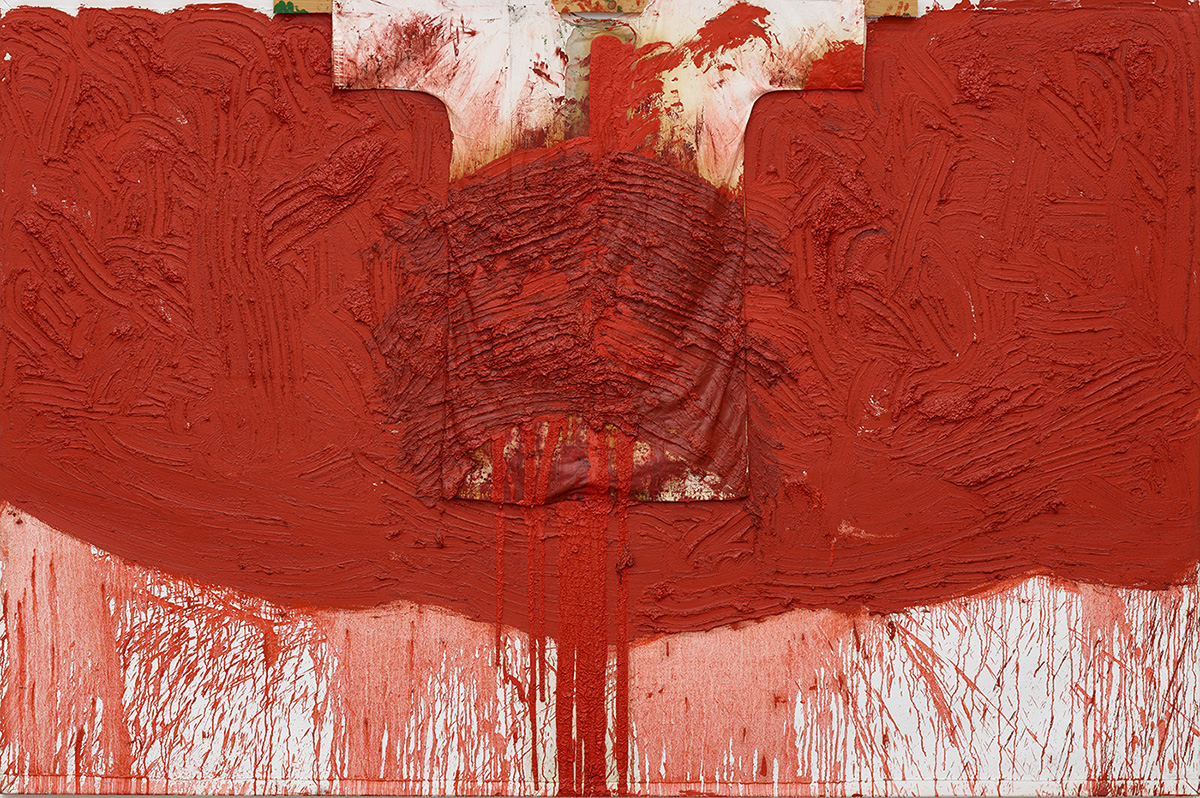 Hermann Nitsch. Schüttbild mit Hemd. 1992. Öl, Stoff, Holz auf Leinwand. 200 × 300 × 10 cm. EUR 180.000–240.000