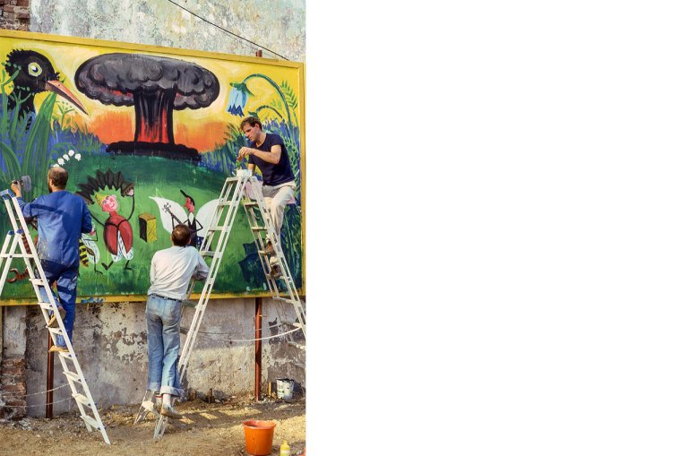 „Tierparty“. Billboardpainting. Gruppe Normal. Bonn,1979. 130 x 150 cm. Acryl auf Leinwand.