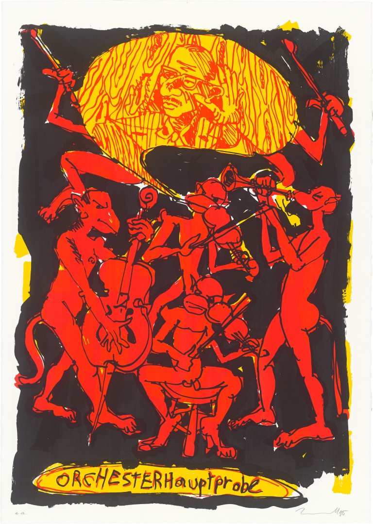 Auf diesem Bild ist das folgende Kunstwerk zu sehen: Jörg Immendorff. „Orchesterhauptprobe“. 1995.