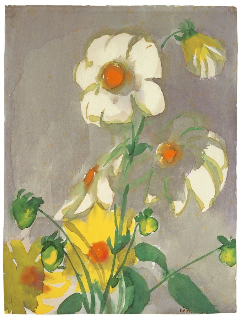 This picture shows the following artwork: Emil Nolde. Dahlien vor violettem Grund. Vor 1933.