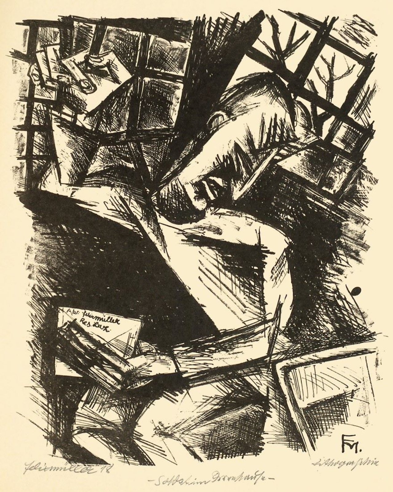 Auf diesem Bild ist das folgende Kunstwerk zu sehen: Conrad Felixmüller. „Soldat im Irrenhaus (II)“. 1918.