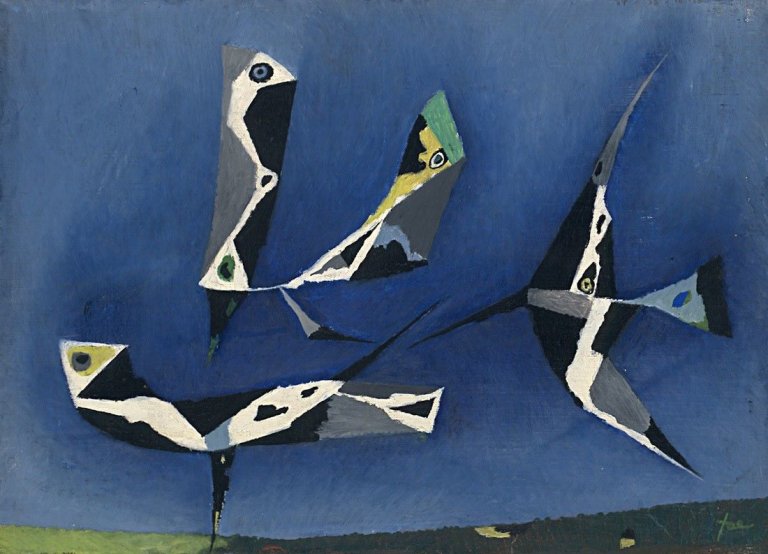 Auf diesem Bild ist das folgende Kunstwerk zu sehen: Hans Jaenisch. Vogelspiel. 1955.
