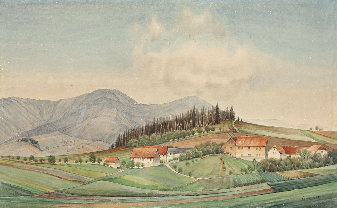 Auf diesem Bild ist das folgende Kunstwerk zu sehen: Franz Lenk. Landschaft mit Weiler. 1935.
