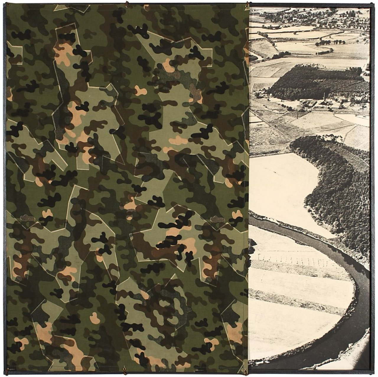 Auf diesem Bild ist das folgende Kunstwerk zu sehen: Timm Ulrichs. Das getarnte Bild, oder 1. und 2. Natur (Landschaft als Kunstlandschaft). 1968.