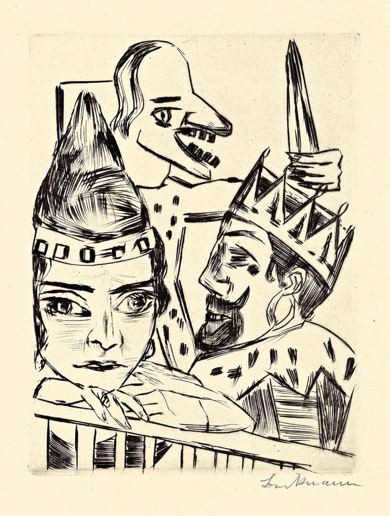 Auf diesem Bild ist das folgende Kunstwerk zu sehen: Max Beckmann. „König Jerum und seine Frau, die Prinzessin Ursula von Bärwalde, bei dem bösen Hellseher Pumpelirio Holzebocke“. 1923.