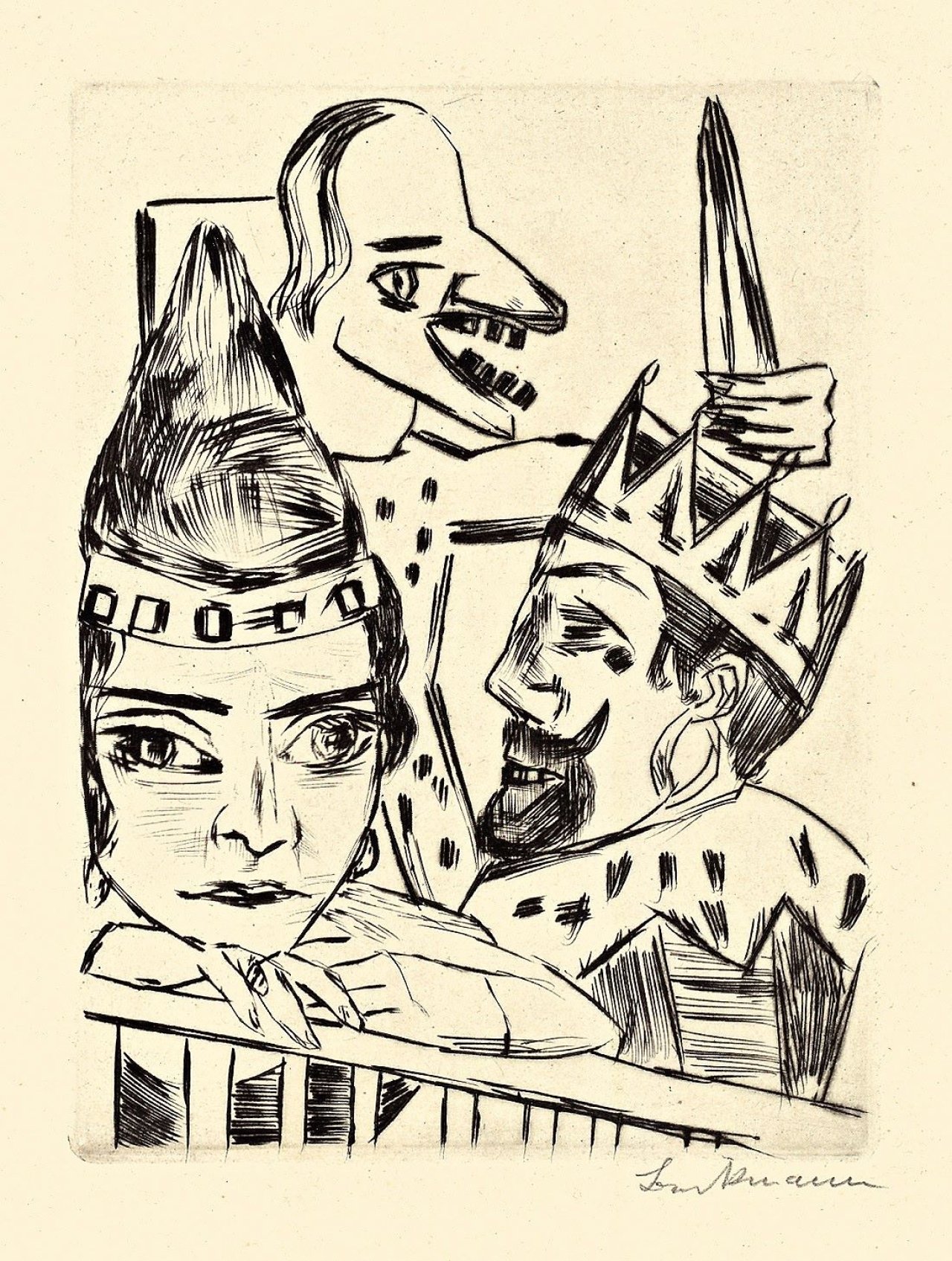 Auf diesem Bild ist das folgende Kunstwerk zu sehen: Max Beckmann. „König Jerum und seine Frau, die Prinzessin Ursula von Bärwalde, bei dem bösen Hellseher Pumpelirio Holzebocke“. 1923.