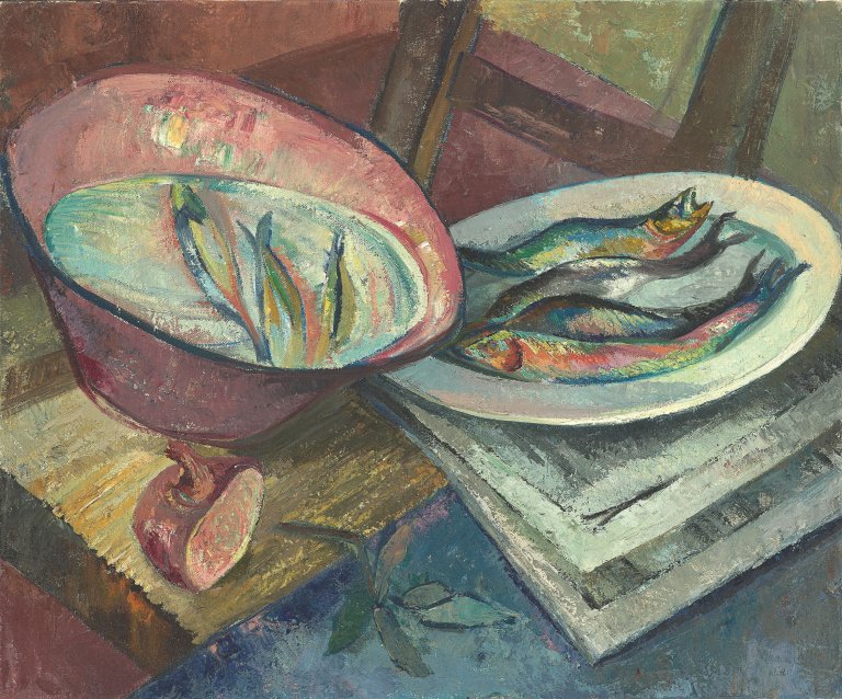 Auf diesem Bild ist das folgende Kunstwerk zu sehen: Anta Rupflin. „Küchenstilleben mit Fischen“. 1925/30.