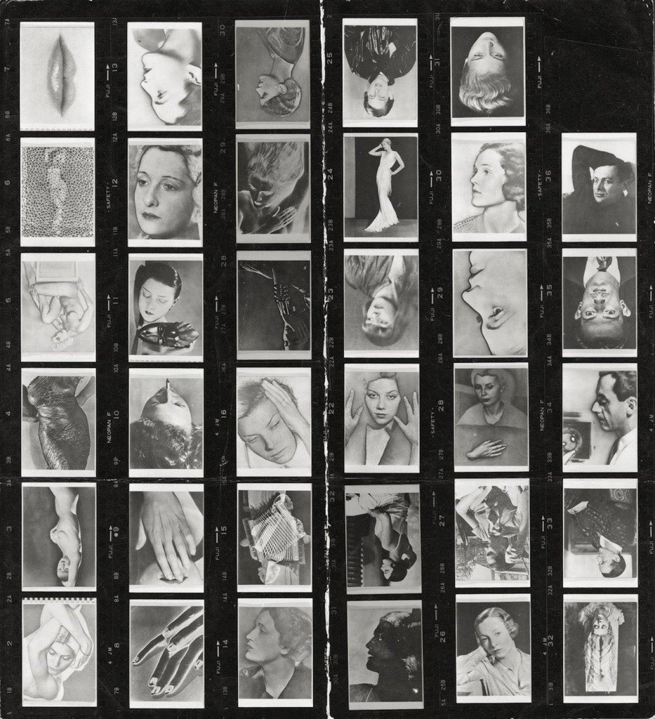 Auf diesem Bild ist das folgende Kunstwerk zu sehen:  Man Ray. Kontaktbogen mit 35 Photographien der Tafeln 35–69 aus dem Buch „Photographs by Man Ray: 1920–1934, Paris“ und 6 Photos nach Photographien und einem Gemälde von Man Ray (nicht abgebildet).