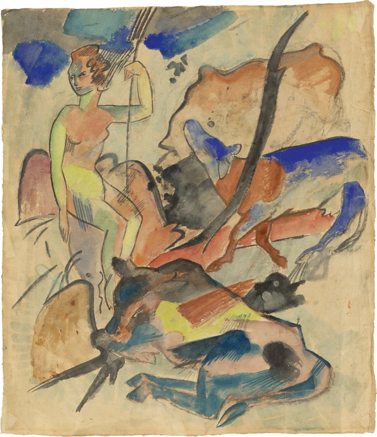 Auf diesem Bild ist das folgende Kunstwerk zu sehen: Heinrich Campendonk. „Hirtin mit Kühen“. Um 1912.