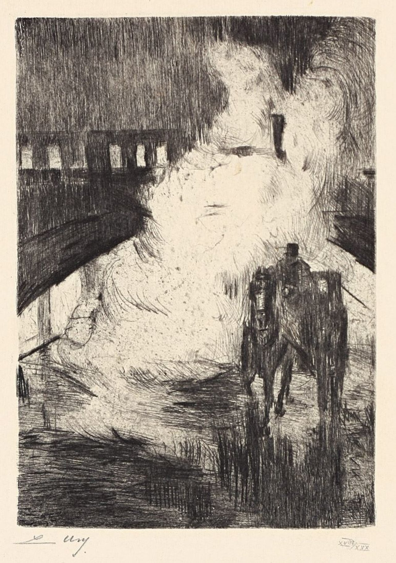 Auf diesem Bild ist das folgende Kunstwerk zu sehen: Lesser Ury. „Nächtliche Impression (mit Droschke vor Lokomotivendampf)“. 1924.
