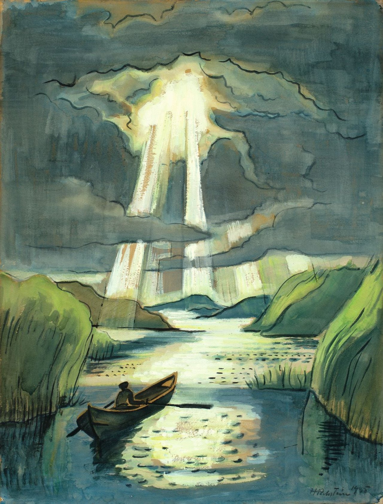 Auf diesem Bild ist das folgende Kunstwerk zu sehen: Max Pechstein. „Ruderboot am Garder See“. 1935.