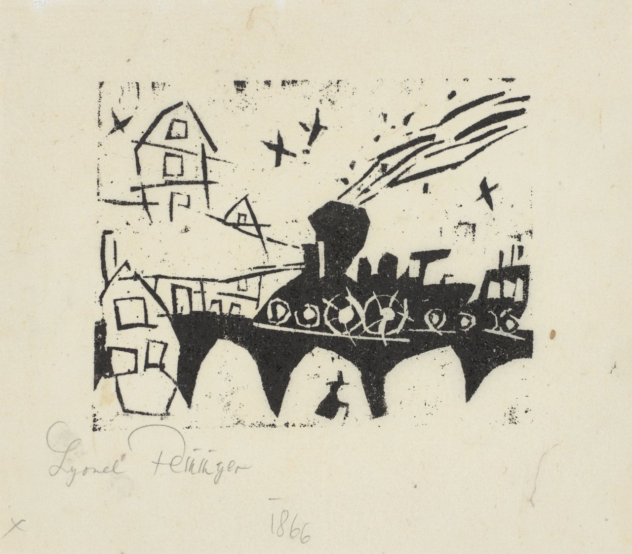 This picture shows the following artwork: Lyonel Feininger. ”Zug auf der Brücke”. 1918.