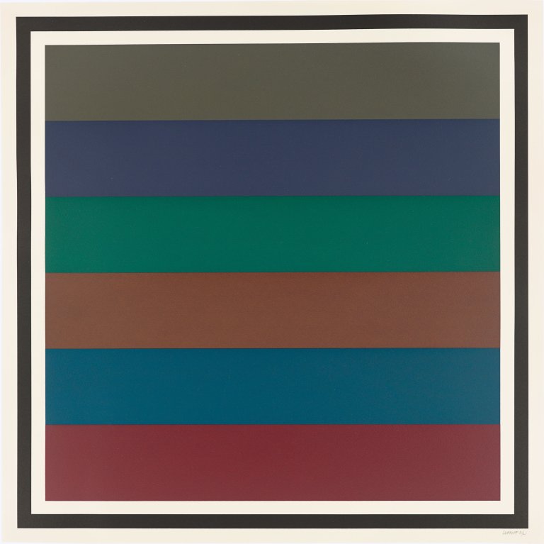 Auf diesem Bild ist das folgende Kunstwerk zu sehen: Sol LeWitt. „Horizontal Bands, Colors Superimposed“. 1988.