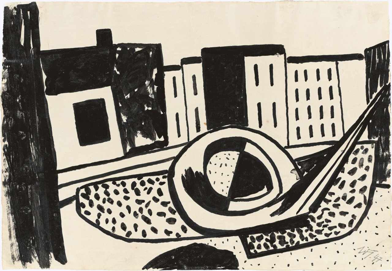 Auf diesem Bild ist das folgende Kunstwerk zu sehen: Werner Heldt. „Häuserstilleben mit Pfeife“. 1947.