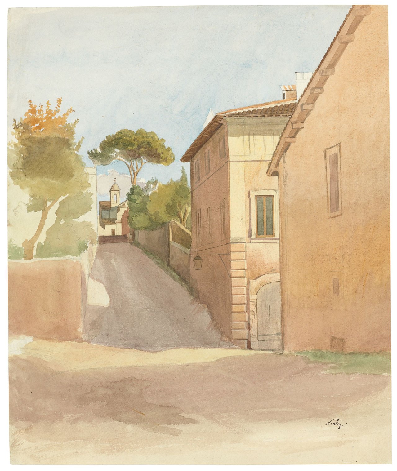 Auf diesem Bild ist das folgende Kunstwerk zu sehen: Friedrich Nerly d. Ä.. Rom, Salita di San Nicola da Tolentino mit Turm und Teil der Fassade von San Caio im Hintergrund.