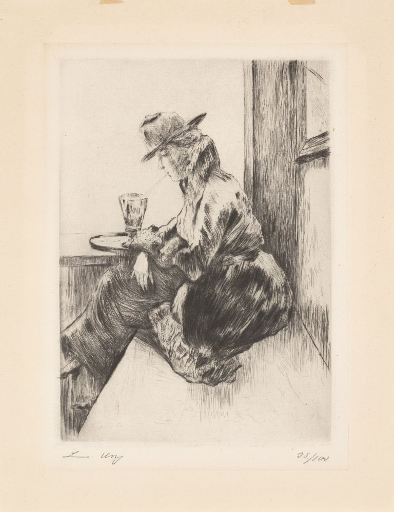 Auf diesem Bild ist das folgende Kunstwerk zu sehen: Lesser Ury. „Dame im Kaffee mit aufgestütztem Arm vor leerem Glas“. 1919.