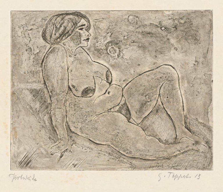 Auf diesem Bild ist das folgende Kunstwerk zu sehen: Georg Tappert. „Betty aufgestützt, auf Tuch sitzend“. 1912/1913.