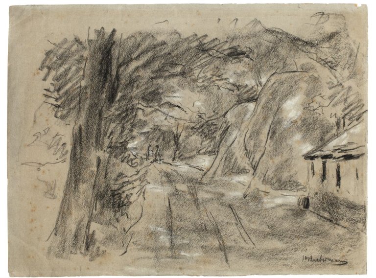Auf diesem Bild ist das folgende Kunstwerk zu sehen: Max Liebermann. Weg hinter den Dünen (Laren). Um 1895/97.