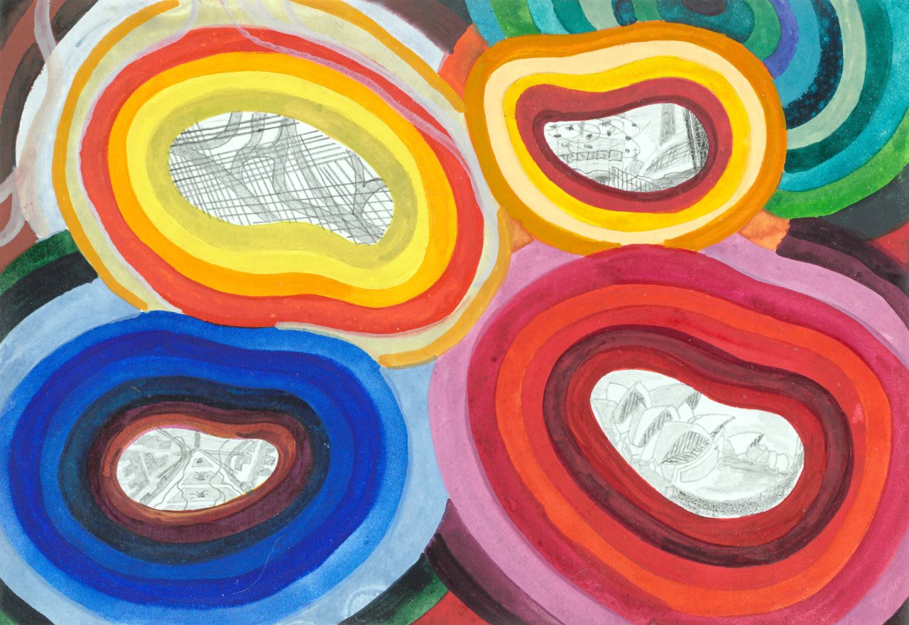 Auf diesem Bild ist das folgende Kunstwerk zu sehen: Franz Ackermann. „Untitled (mental map: from Berlin to L.A. to Sydney to Canberra)“. 1998.