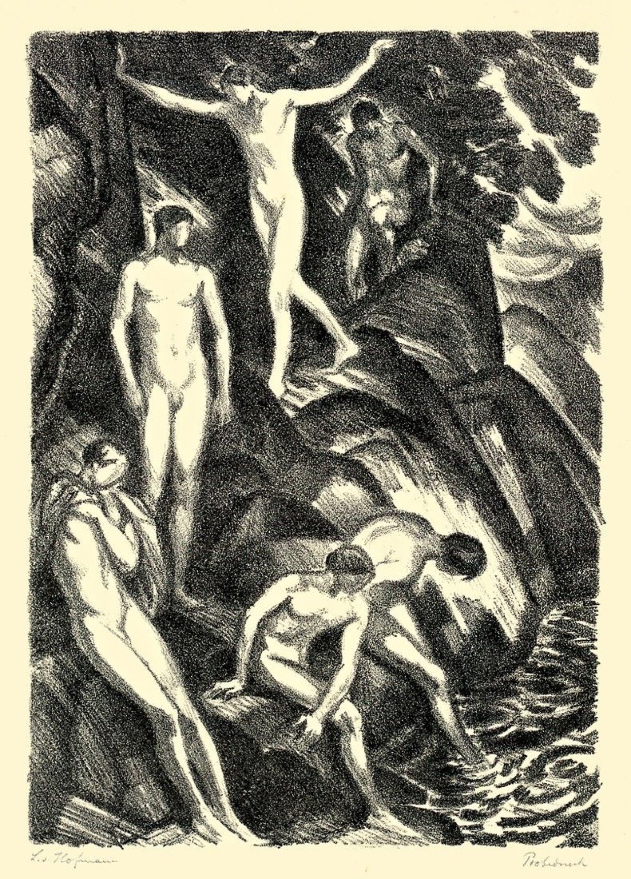 Auf diesem Bild ist das folgende Kunstwerk zu sehen: Ludwig von Hofmann. Heisser Tag / An der Tränke / Springende Mädchen. 1921.