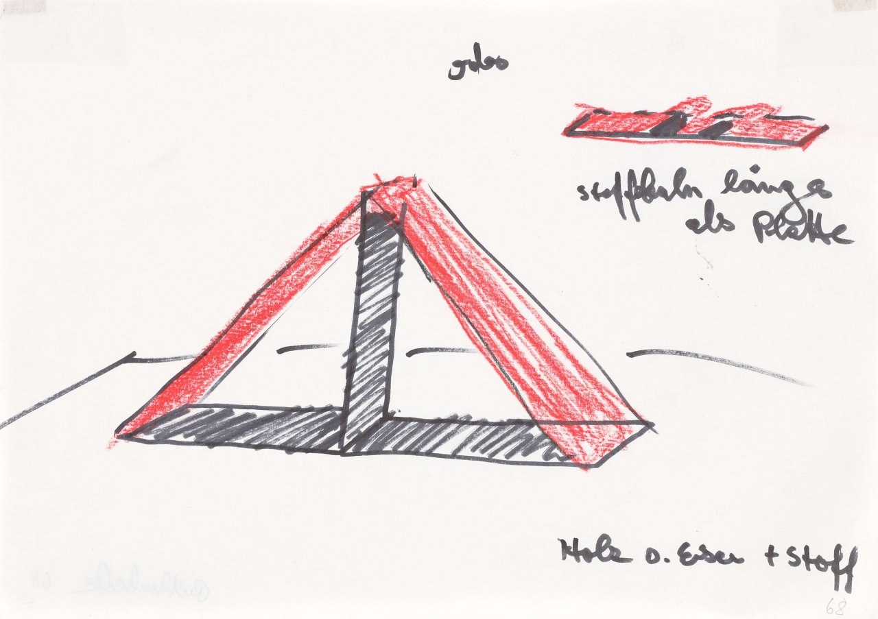 Auf diesem Bild ist das folgende Kunstwerk zu sehen: Reiner Ruthenbeck. Stoffbahnen länger als Platte. 1968.