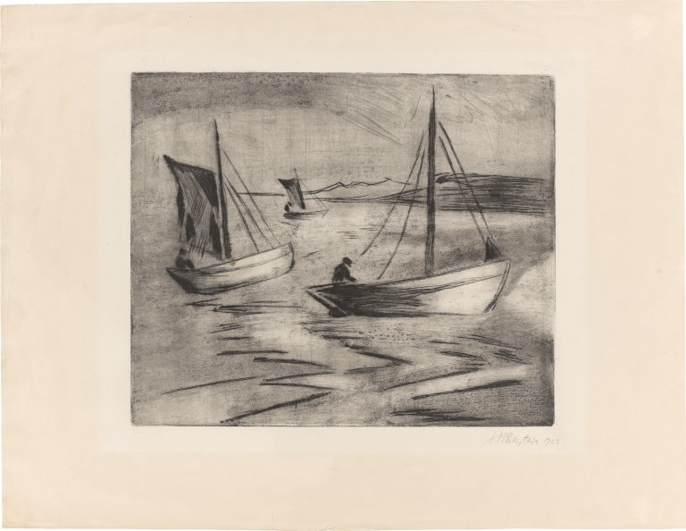 Auf diesem Bild ist das folgende Kunstwerk zu sehen: Max Pechstein. „Segelboote vor der Küste“. 1923.