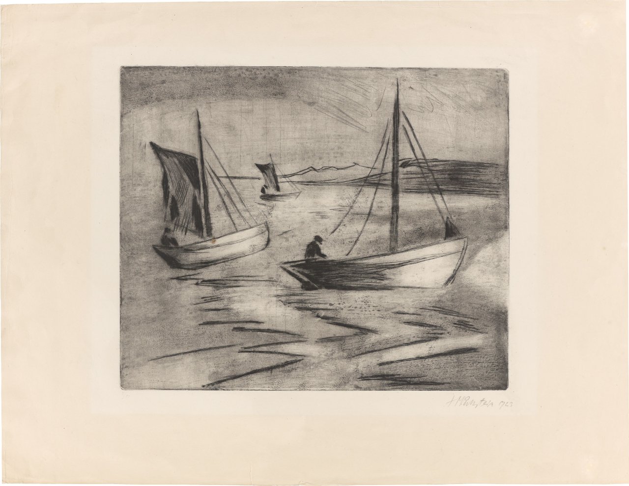 Auf diesem Bild ist das folgende Kunstwerk zu sehen: Max Pechstein. „Segelboote vor der Küste“. 1923.