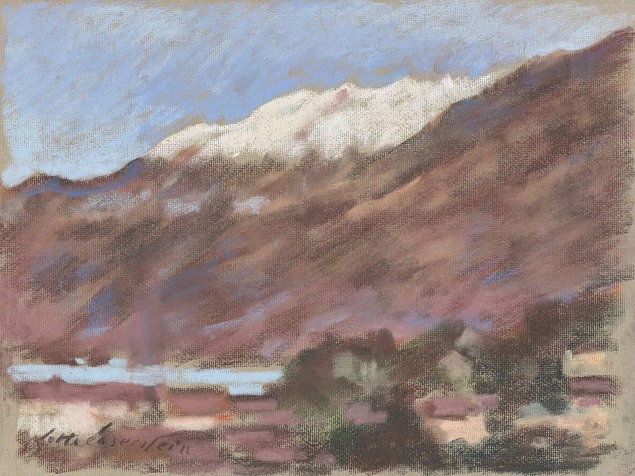 Auf diesem Bild ist das folgende Kunstwerk zu sehen: Lotte Laserstein. Landschaft mit schneebedecktem Berg. 1970er Jahre.