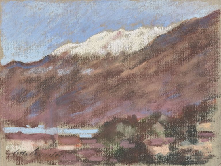 Auf diesem Bild ist das folgende Kunstwerk zu sehen: Lotte Laserstein. Landschaft mit schneebedecktem Berg. 1970er Jahre.