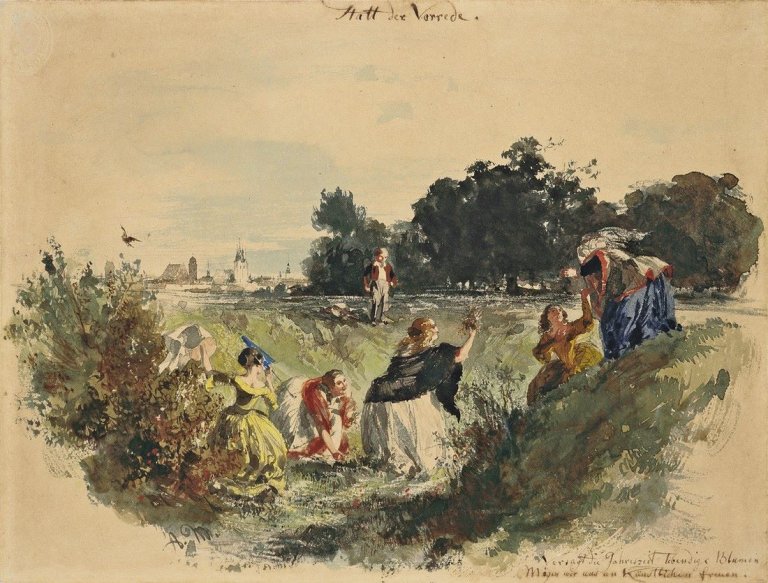 Auf diesem Bild ist das folgende Kunstwerk zu sehen: Adolph Menzel. Blumenpflückende Frauen („Statt der Vorrede“). Um 1850/52.