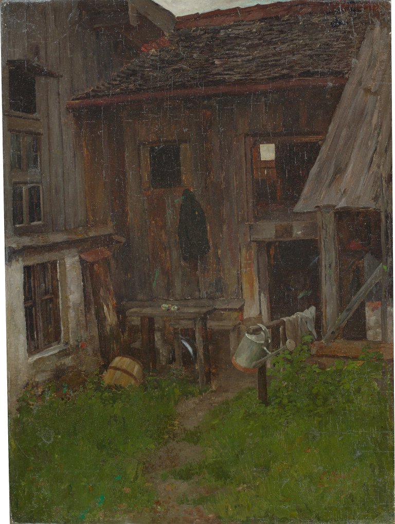 Auf diesem Bild ist das folgende Kunstwerk zu sehen: Johann Sperl. „Bauernhaus in Kraiburg“. 1883.