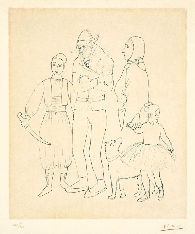 Auf diesem Bild ist das folgende Kunstwerk zu sehen: Nach Pablo Picasso. Famille des Saltimbanques. 1904/1950.
