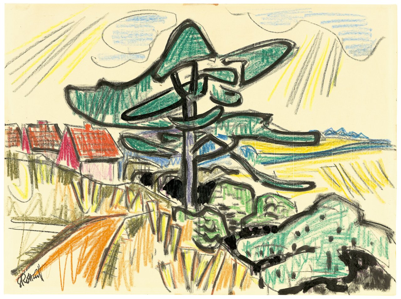 Auf diesem Bild ist das folgende Kunstwerk zu sehen: Karl Schmidt-Rottluff. Landschaft mit Baum. Um 1960/65.