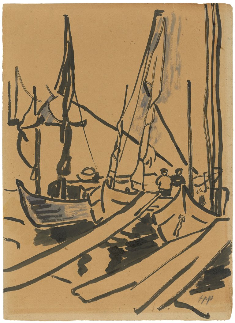 Auf diesem Bild ist das folgende Kunstwerk zu sehen: Max Pechstein. Beladen der Keitelkähne. 1909.