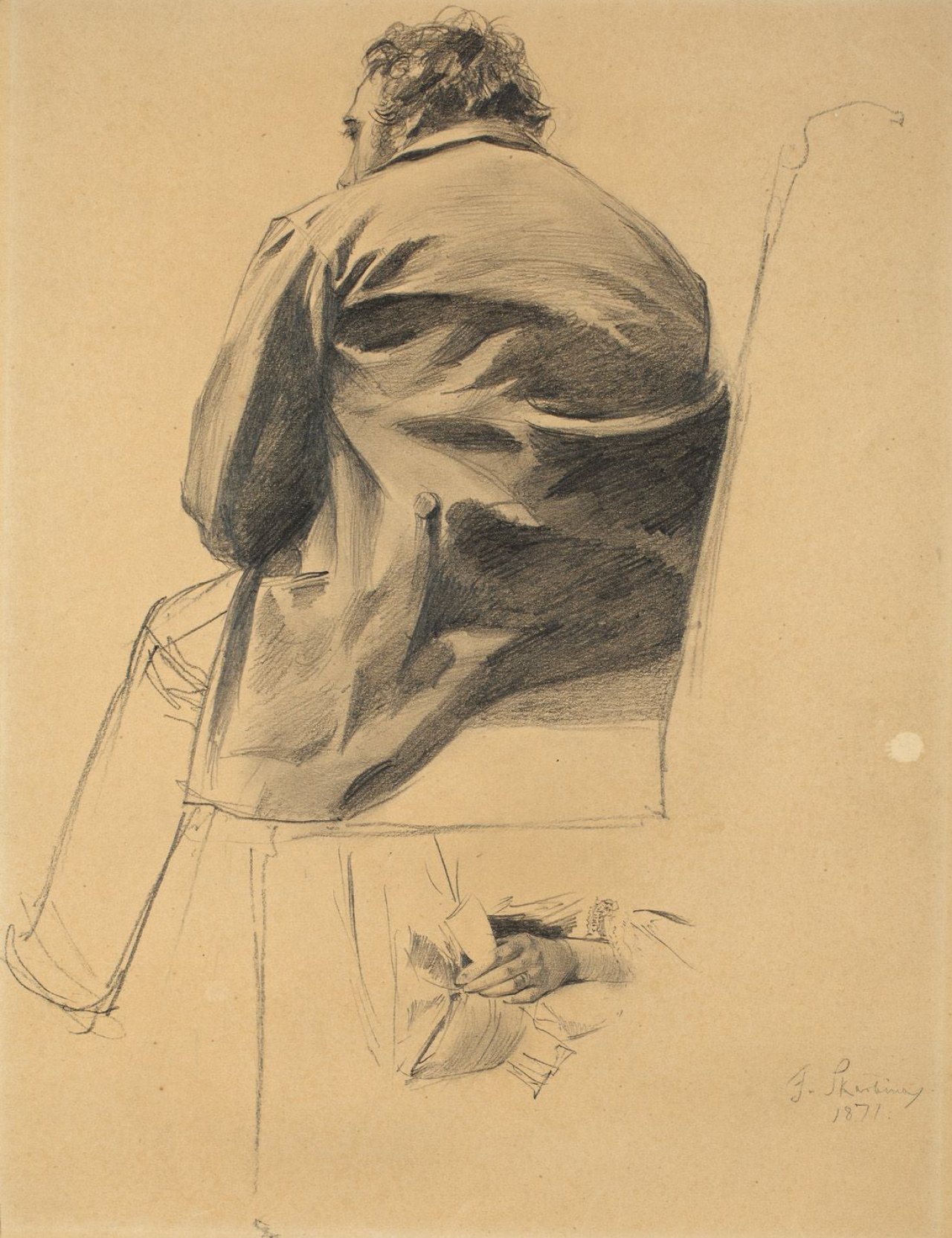 Auf diesem Bild ist das folgende Kunstwerk zu sehen: Franz Skarbina. Rückenstudie eines sitzenden Mannes. 1871.