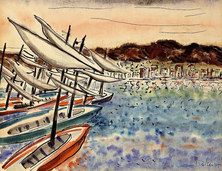 Auf diesem Bild ist das folgende Kunstwerk zu sehen: Heinz Trökes. Fischerboote im Hafen. 1945.
