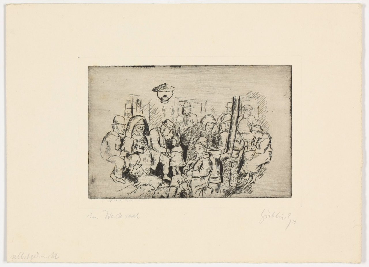 This picture shows the following artwork: Karl Hubbuch. „Im Wartesaal“/„Seiltänzer“/„Die Hochzeit“/„Erster Mai“. 1919.