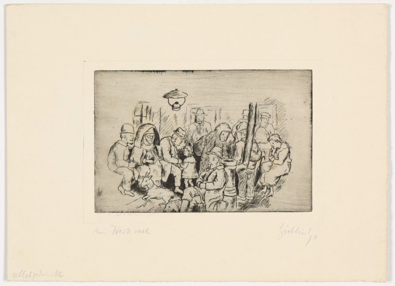 Auf diesem Bild ist das folgende Kunstwerk zu sehen: Karl Hubbuch. „Im Wartesaal“/„Seiltänzer“/„Die Hochzeit“/„Erster Mai“. 1919.