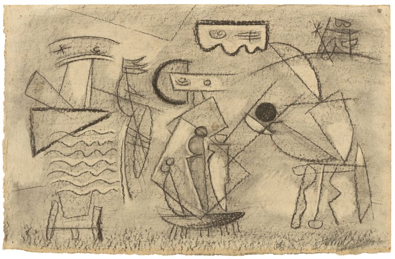 Auf diesem Bild ist das folgende Kunstwerk zu sehen: Willi Baumeister. „Vitale Landschaft mit Kegelspiel X“. 1946.