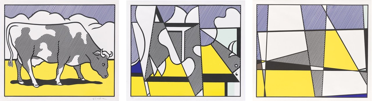 This picture shows the following artwork: Roy Lichtenstein. ”Cow Triptych (Cow Going Abstract) Poster”. 1982.