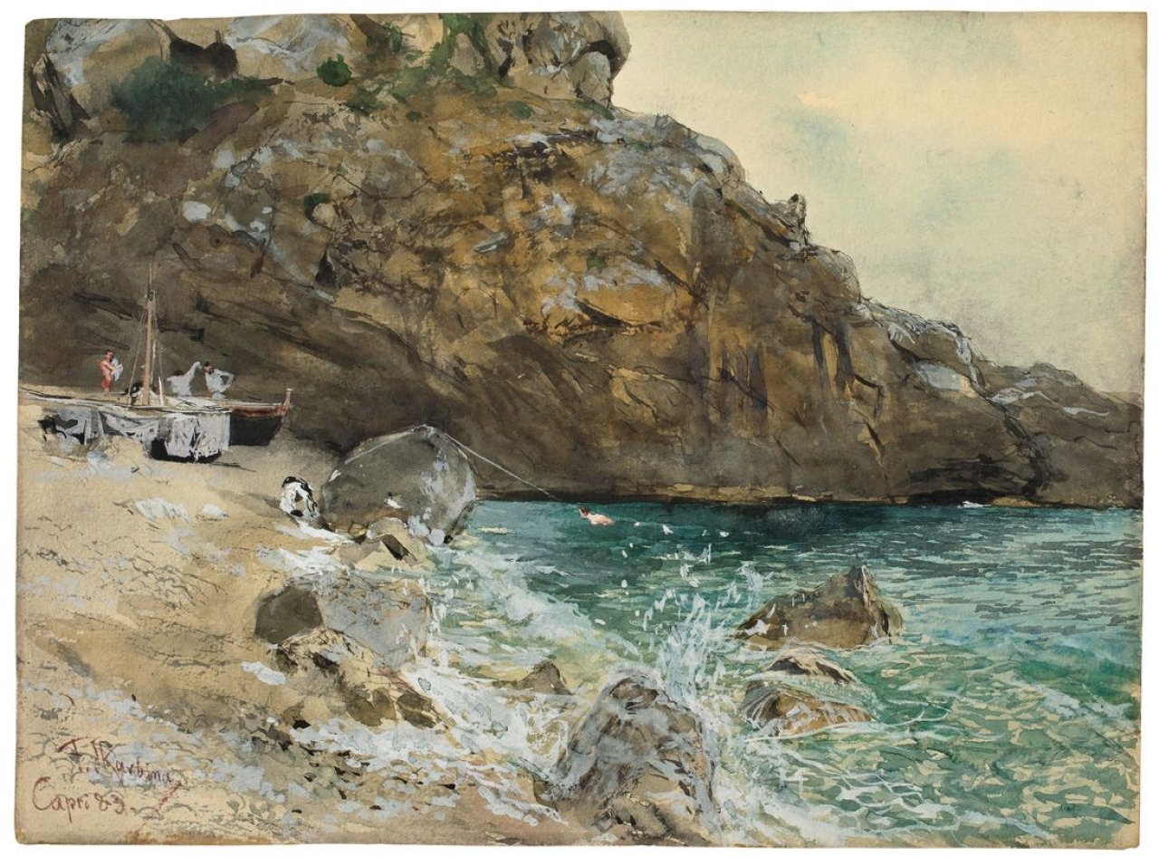 Auf diesem Bild ist das folgende Kunstwerk zu sehen: Franz Skarbina. Am Strand auf Capri. 1883.