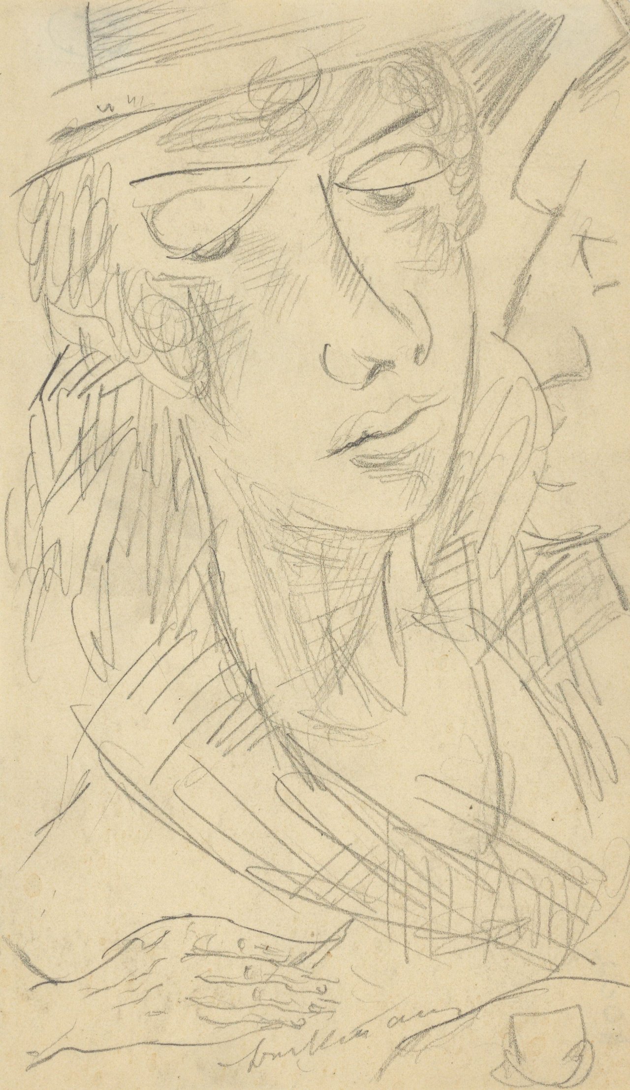 Auf diesem Bild ist das folgende Kunstwerk zu sehen: Max Beckmann. „Frau im Halbprofil und Mann im Profil nach links im Café“. Anfang 1920er-Jahre.