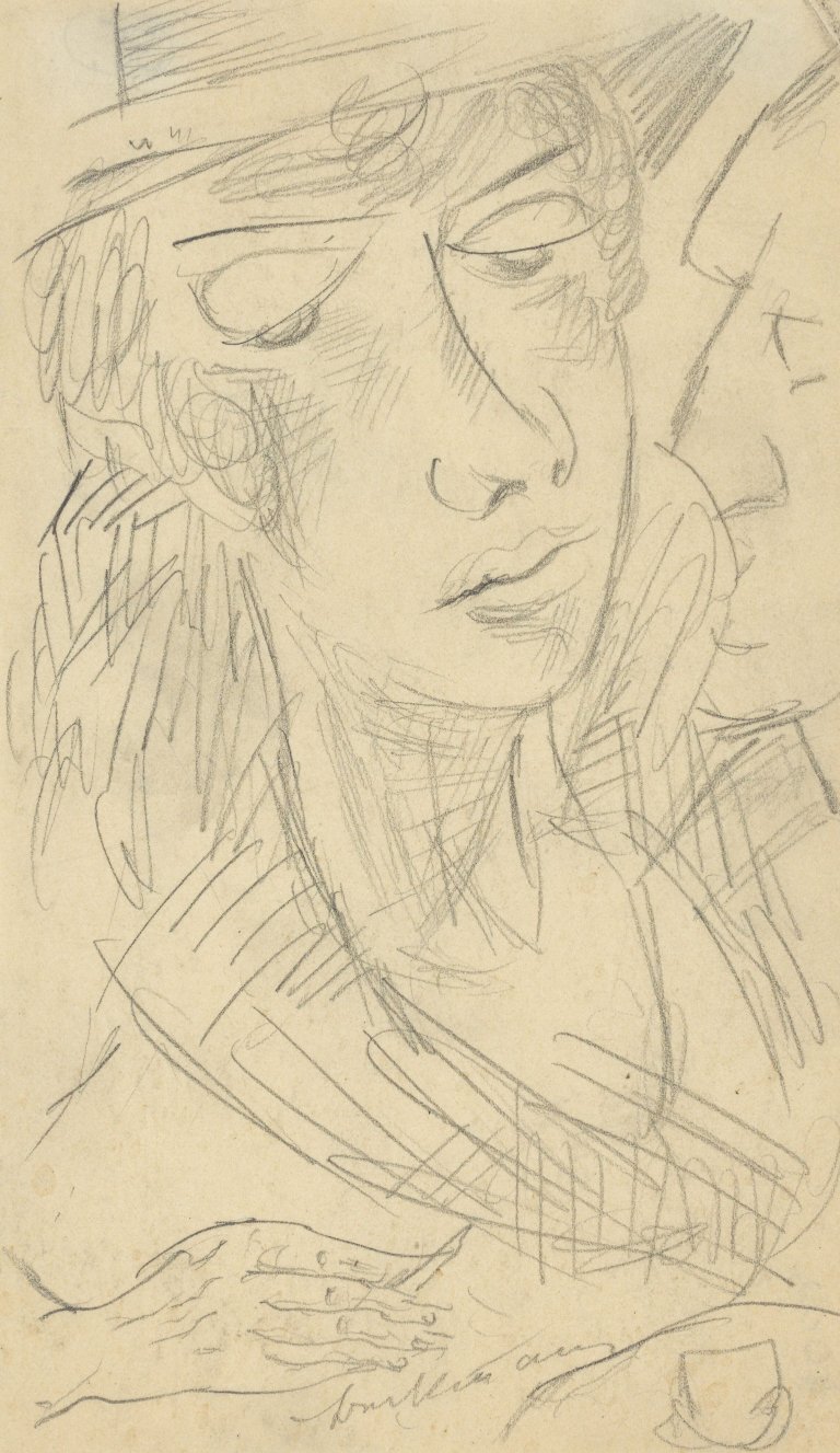 Auf diesem Bild ist das folgende Kunstwerk zu sehen: Max Beckmann. „Frau im Halbprofil und Mann im Profil nach links im Café“. Anfang 1920er-Jahre.