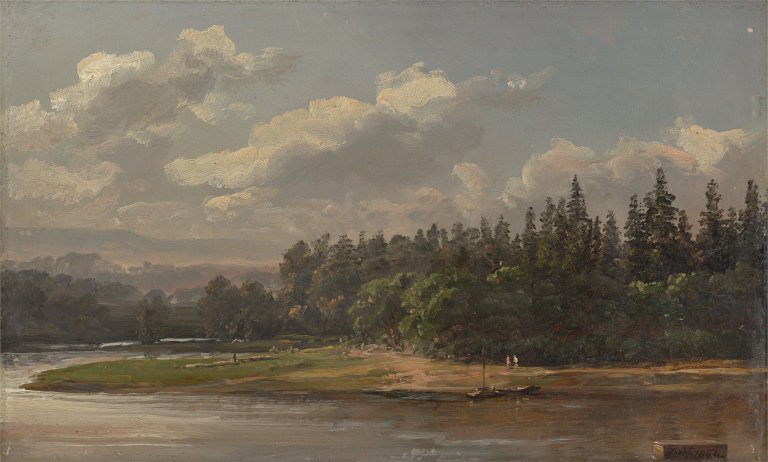 Auf diesem Bild ist das folgende Kunstwerk zu sehen: Johan Christian Clausen Dahl. Elblandschaft nahe Dresden („River Landscape“). 1851.