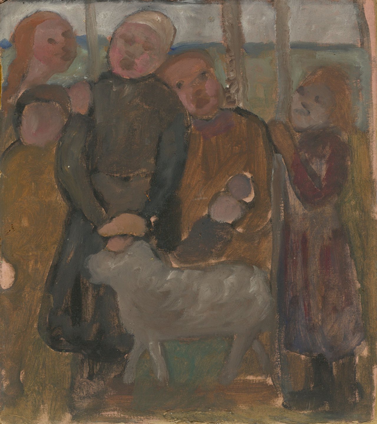 Auf diesem Bild ist das folgende Kunstwerk zu sehen: Paula Modersohn-Becker. „Fünf Kinder mit Schaf“. Um 1905.