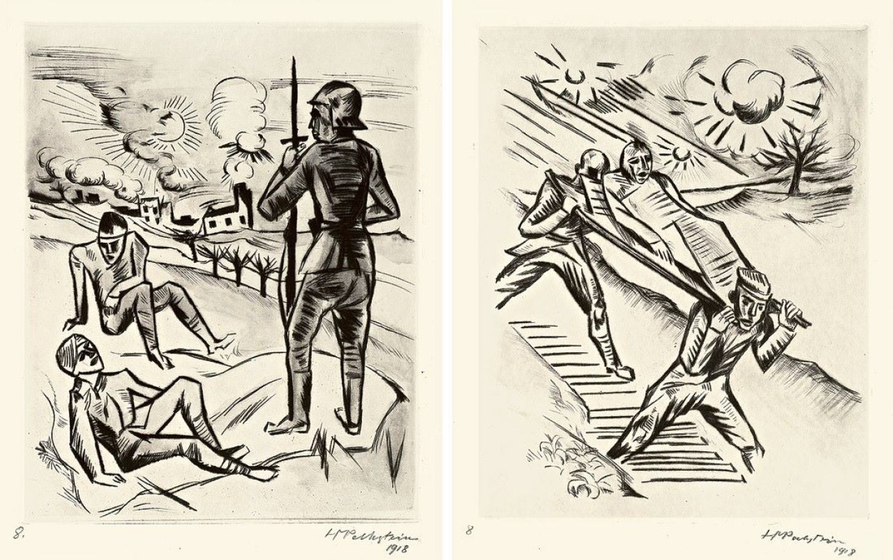 Auf diesem Bild ist das folgende Kunstwerk zu sehen: Max Pechstein. „Auf Posten“ / „Verwundetentransport“. 1918.