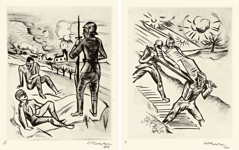 Auf diesem Bild ist das folgende Kunstwerk zu sehen: Max Pechstein. „Auf Posten“ / „Verwundetentransport“. 1918.