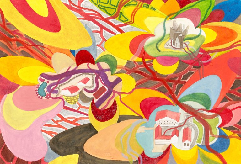 Auf diesem Bild ist das folgende Kunstwerk zu sehen: Franz Ackermann. „untitled (mental map: from MAM to entrance sculpture of 5 star stupid)“. 1997.