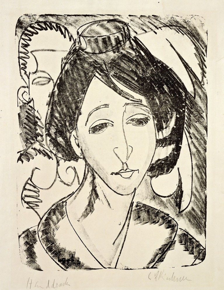 Auf diesem Bild ist das folgende Kunstwerk zu sehen: Ernst Ludwig Kirchner. „Kopf Erna mit Frisur“ (Kopf Gerda mit Frisur). 1912.