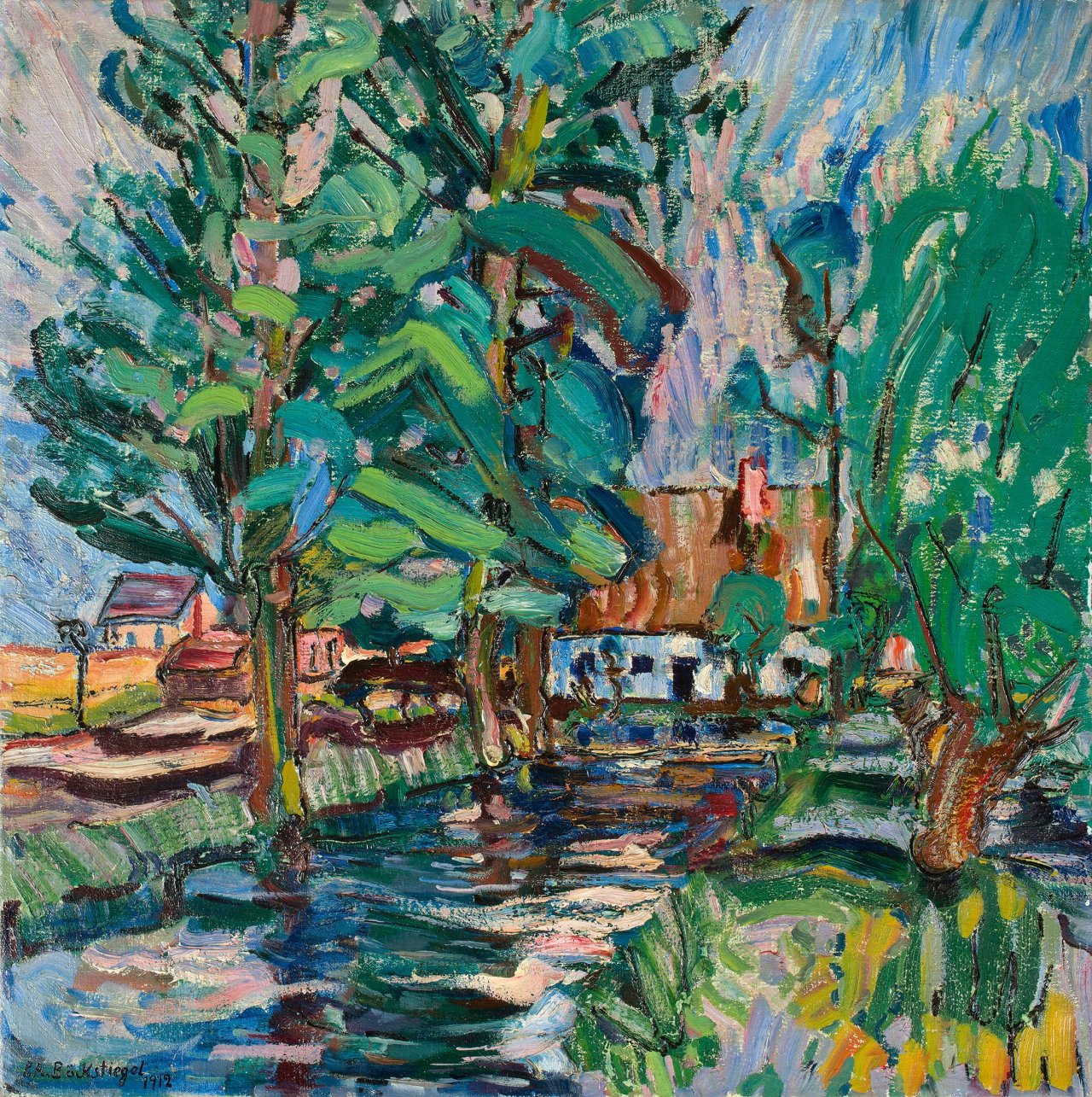 Auf diesem Bild ist das folgende Kunstwerk zu sehen: Peter August Böckstiegel. „Mühle in Deppendorf“. 1912.